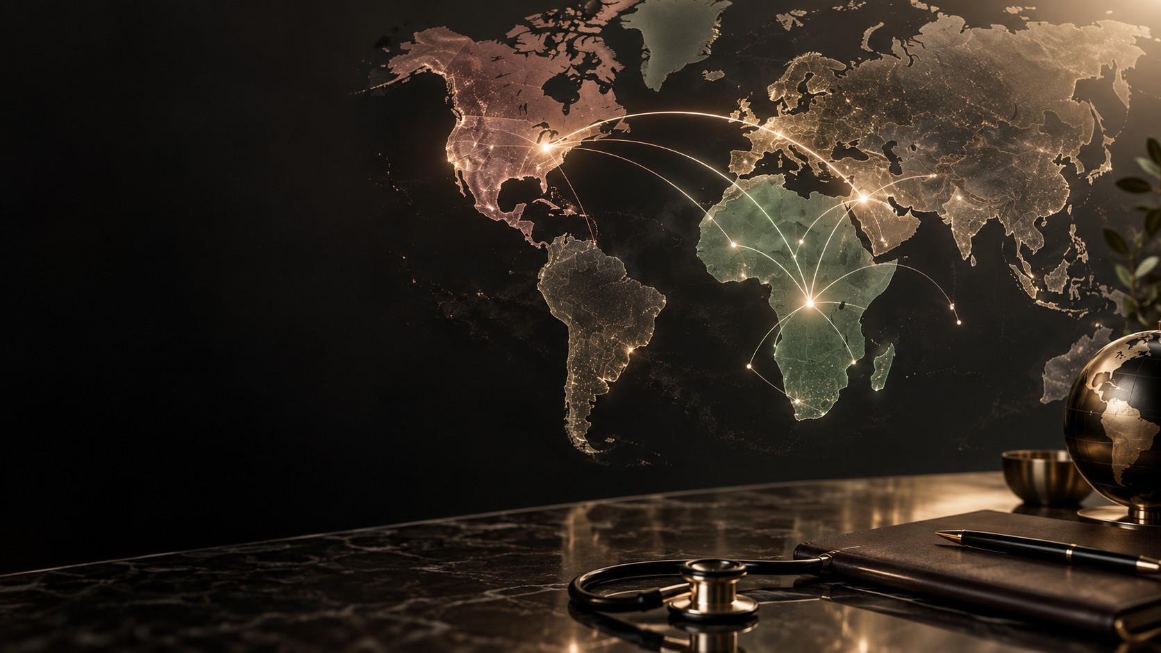 Illustrated global healthcare connections across the United States, Africa, and the Gulf
